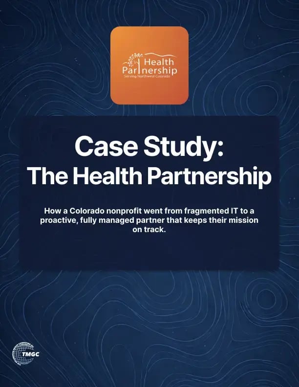 Health Partnership and Millennium Group Computing case study cover with dark blue gradient and topographical design elements.
